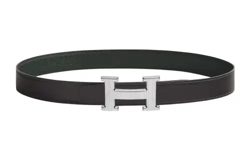 HERMES H Stripes Cow Leather Belts Women's Graphite/Dark Green Width 3.2cm
