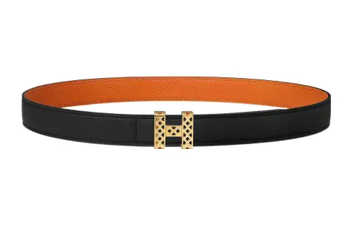 HERMES Garden Party Cow Leather Belts Women's Black/Orange Width 2.4cm