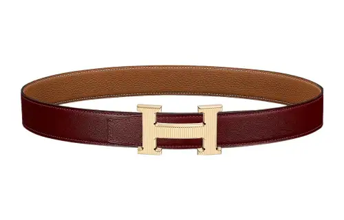 HERMES H Stripes Cow Leather Belts Women's Red Width 3.2cm