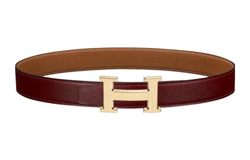 HERMES H Stripes Cow Leather Belts Women's Red Width 3.2cm