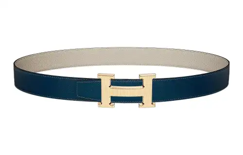 HERMES H Stripes Cow Leather Belts Women's Blue Width 3.2cm