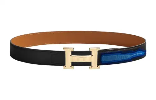 HERMES H Stripes Cow Leather Belts Women's Black/Brown Width 3.2cm