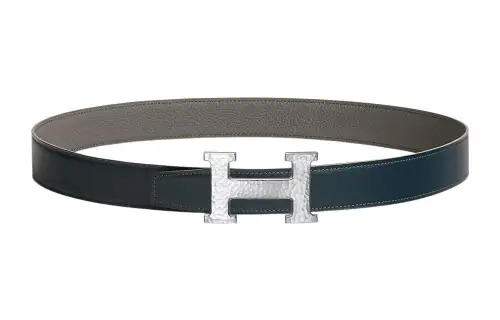 HERMES H Martelee Cow Leather Belts Women's Blue/White Width 3.2cm