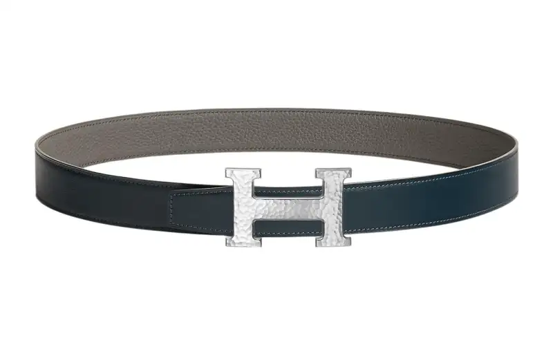 HERMES H Martelee Cow Leather Belts Women's Blue/White Width 3.2cm