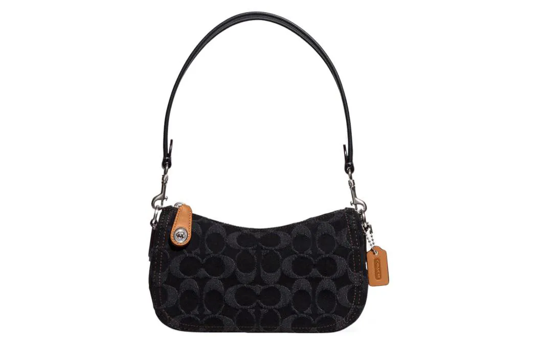 COACH Swinger Jacquard Fabric With Cow Leather Handbag, Shoulder Bag Women's Black