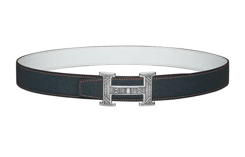 HERMES Cow Leather Belts Women's Dark Blue/White Width 3.2cm