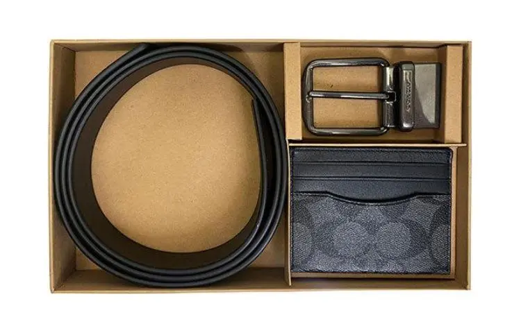 COACH Boxed Coated Canvas With Refined Cow Leather Belt Card Holder Men's Bronze/Charcoal/Black