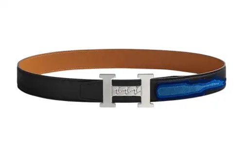 HERMES Swift Cow Leather Belts Men's Black/Multicolor Width 3.2cm