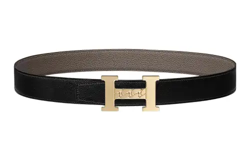 HERMES Togo Cow Leather Belts Men's Black/Tin Gray 3.2cm