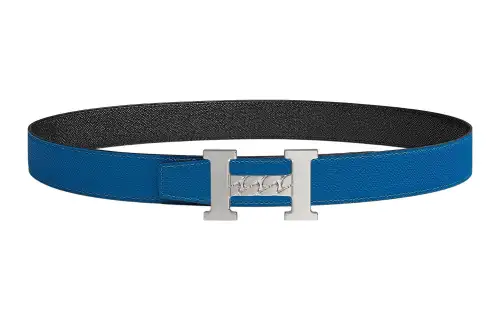 HERMES Cow Leather Belts Men's French Blue/Black 3.2cm