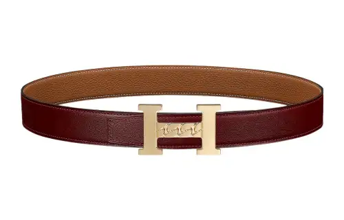 HERMES Togo Cow Leather Belts Men's Hermes Red Gold Width 3.2cm