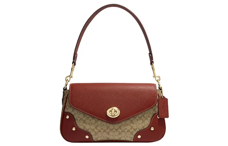 COACH Coated Canvas With Refined Pebbled Leather Handbag, Shoulder Bag Large Women's Khaki & Terracotta