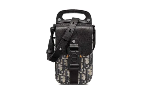 DIOR Grained Calfskin Shoulder Bag, Crossbody Bag With Cell Phone Pouch Regular Men's Black/Beige