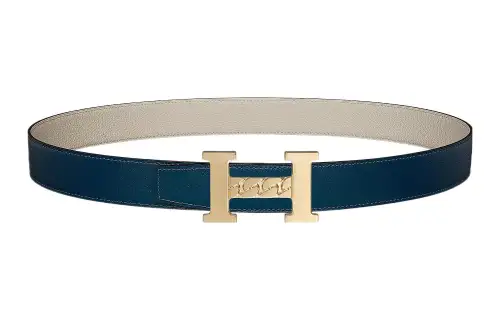 HERMES Cow Leather Belts Men's Prussian Blue/Chalk White 3.2cm