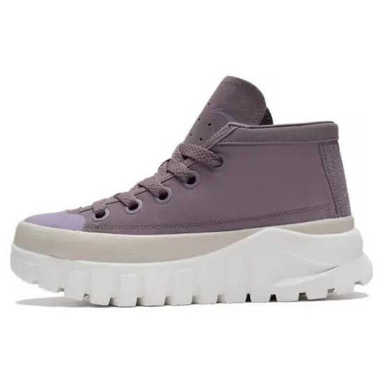 LiNing Leather Boot Anti Slip Wear Resistant Mid Top Sports Casual Shoes Women's Eggplant Purple