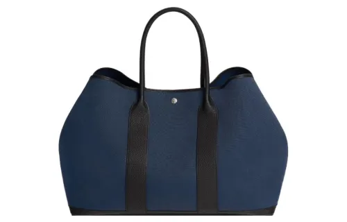 HERMES Garden Party Canvas And Negonda Calfskin Handbag 49 Women's Blue Ocean/Black