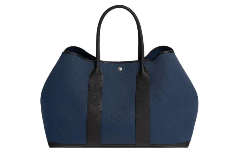 HERMES Garden Party Canvas And Negonda Calfskin Handbag 49 Women's Blue Ocean/Black