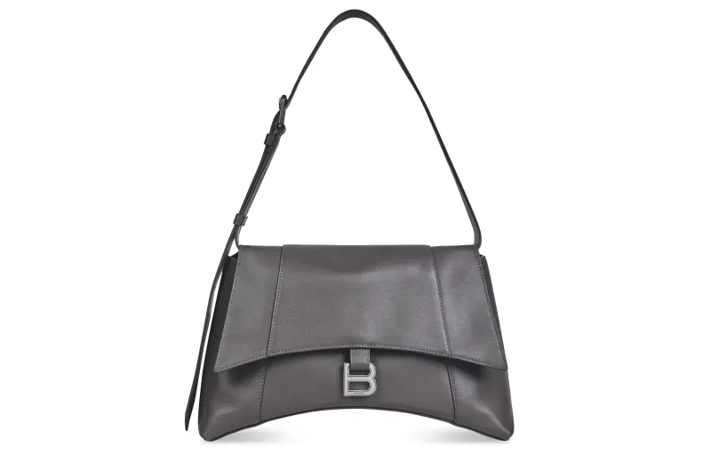 Balenciaga Downtown Semi Matte Smoothing Cow Leather Handbag, Shoulder Bag Women's Dark Gray
