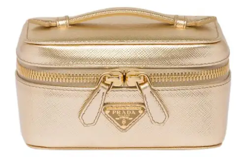 PRADA Saffiano Leather Handbag Makeup Bag Women's Platinum