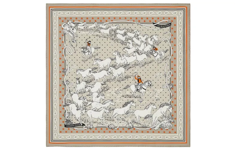 HERMES Silk Scarf Women's Beige