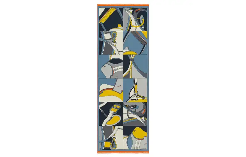 HERMES Scarves Men's Marine Blue/Gray/Yellow