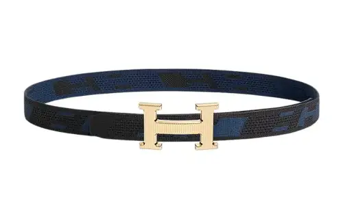 HERMES Gold Buckle, Nylon Mesh Double Sided Belt Men's Blue/Black Width 3.2cm