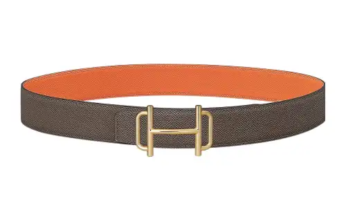 HERMES Royal Epsom Calfskin Double Sided Leather Belts Men's Tin Gray/Orange Width 3.8cm