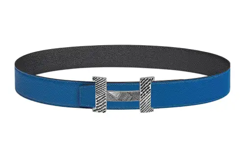HERMES Cow Leather Belts Men's French Blue/Black Width 3.8cm