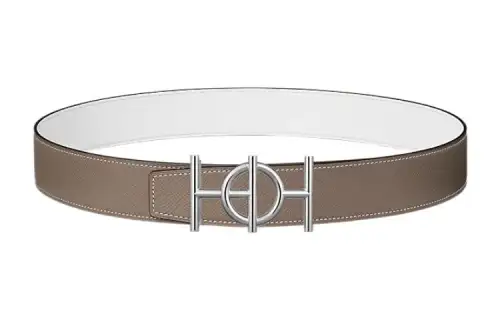 HERMES Ulysse Cow Leather Belts Men's Elephant Gray/White Width 3.8cm