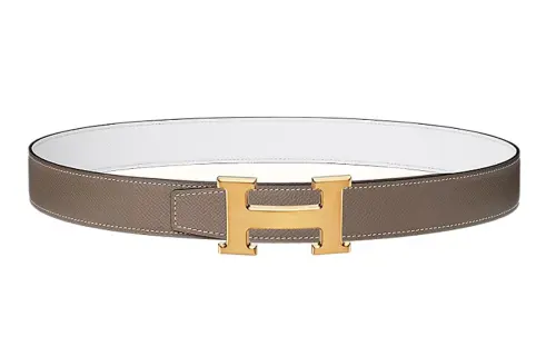 HERMES H Belt Buckle Cow Leather Belts Men's Brown/White Width 3.2cm