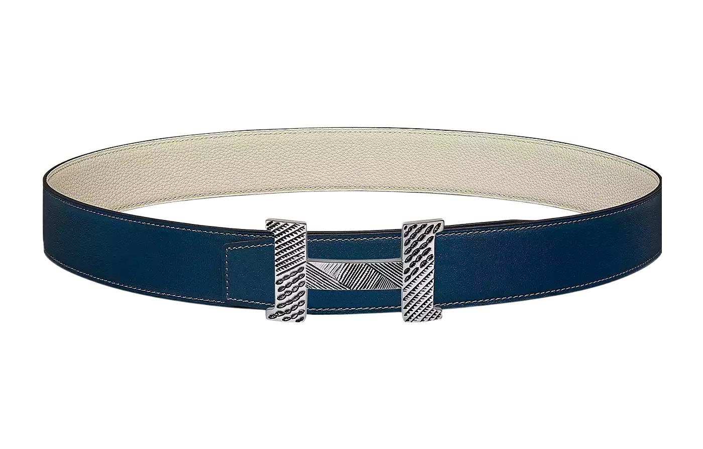 HERMES Constance Cow Leather Belts Men's Prussian Blue/Chalk White Width 3.8cm