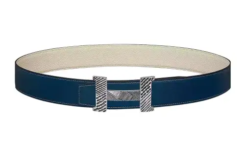 HERMES Constance Cow Leather Belts Men's Prussian Blue/Chalk White Width 3.8cm