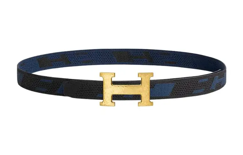 HERMES H Martelee Nylon Leather Belts Men's Black/Blue Width 3.2cm