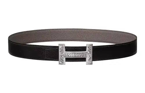HERMES Togo Cow Leather Belts Men's Black/Tin Gray Width 3.2cm