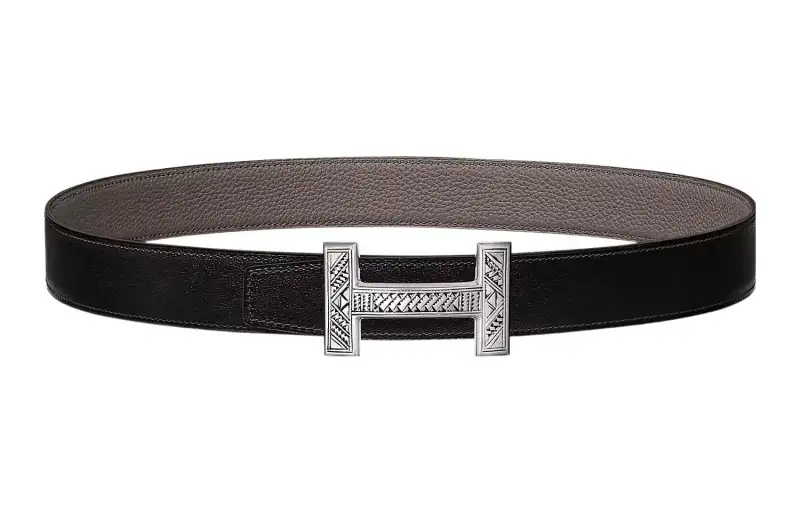 HERMES Togo Cow Leather Belts Men's Black/Tin Gray Width 3.2cm
