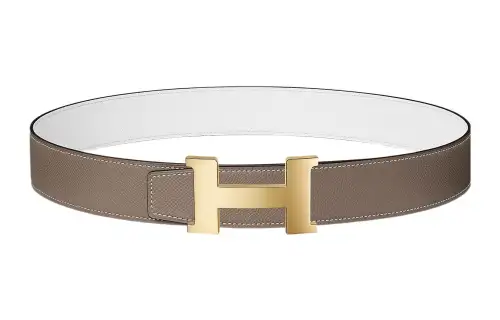 HERMES Cow Leather Belts Men's Elephant Gray/White Width 3.8cm