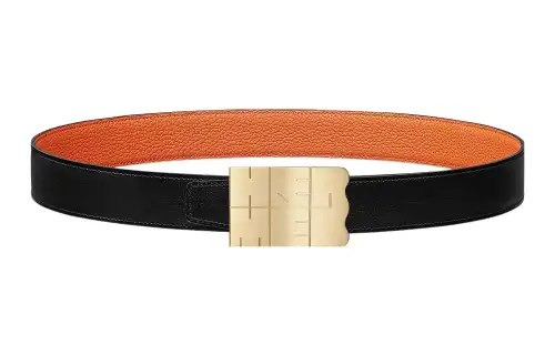 HERMES Togo Cow Leather Belts Men's Black/Orange Width 3.2cm