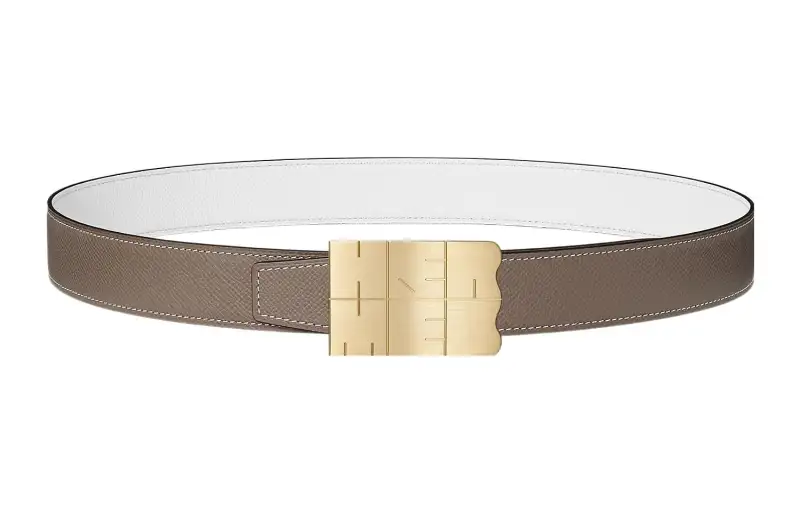 HERMES Togo Cow Leather Belts Men's Elephant Gray/White Width 3.2cm