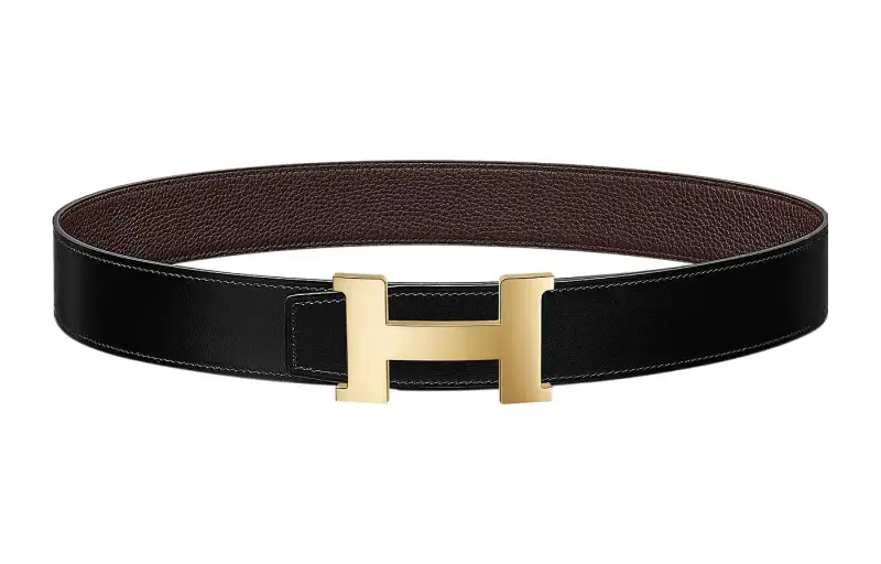 HERMES Cow Leather Belts Men's Black/Chocolate Width 3.8cm