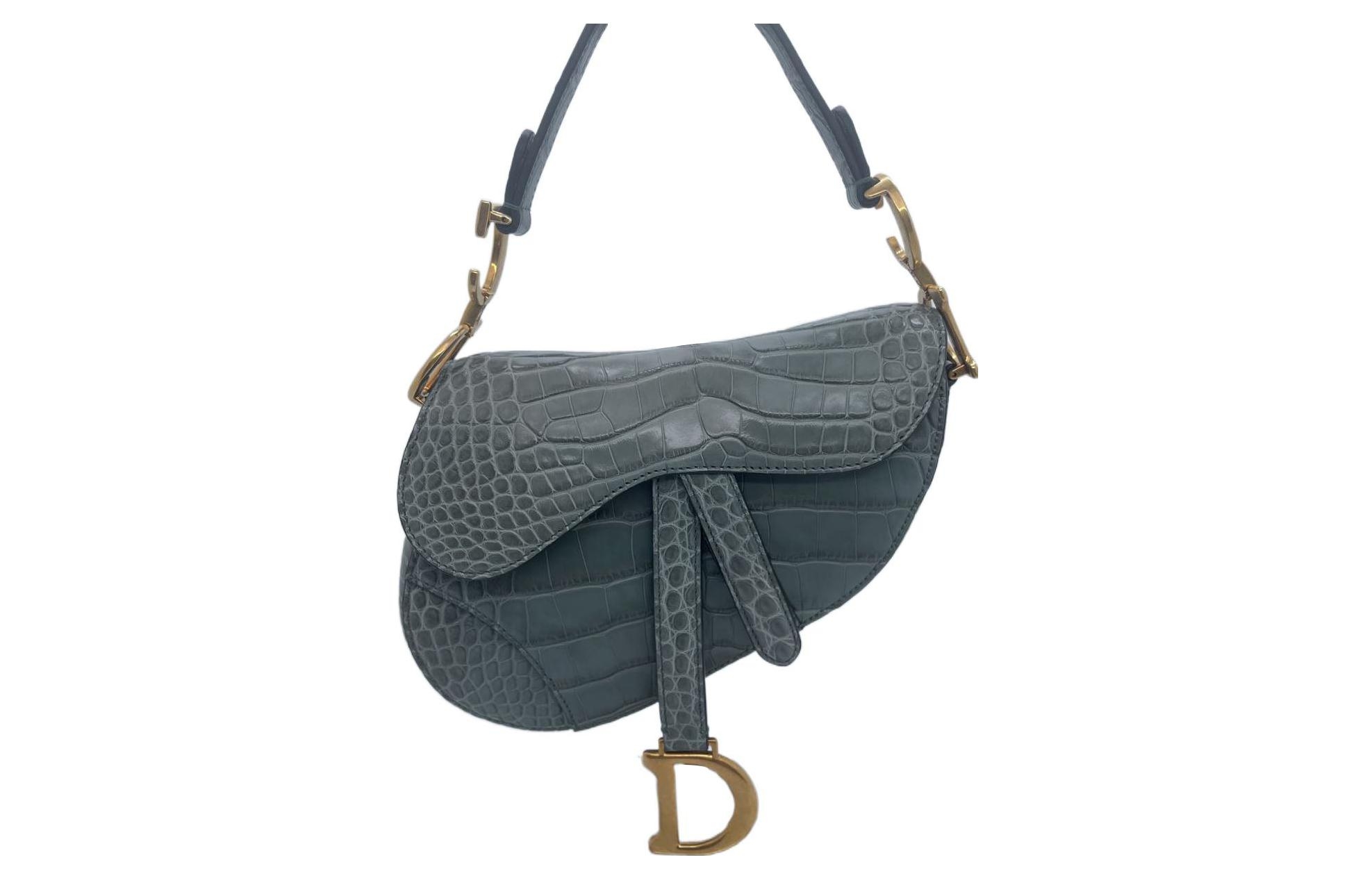 DIOR Saddle Crocodile Leather Saddle Bag, Shoulder Bag, Crossbody Bag, Handbag Small Women's Foggy Thunderstorm Green