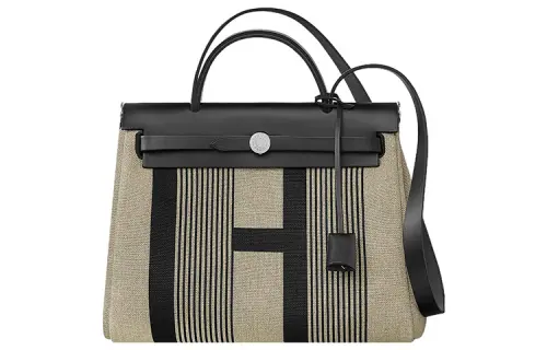 HERMES Herbag Zip Canvas With Hunter Cow Leather Shoulder Bag, Crossbody Bag, Handbag 31 Unisex Black/Light Taupe