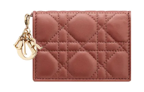 DIOR Lady Dior Rusty Lambskin Card Holder Women's Red