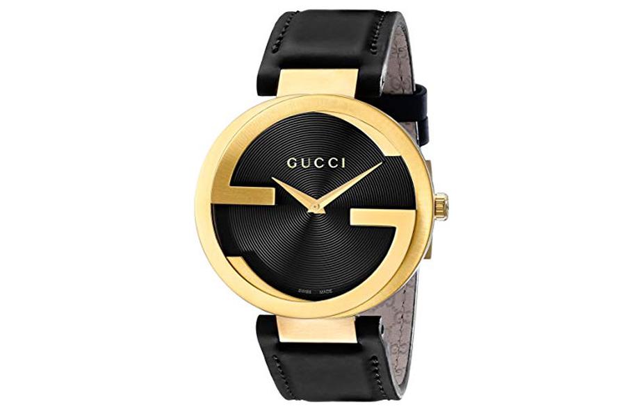 GUCCI Interlocking Wrist Watches Quartz Movement Leather Strap Black Dial Unisex