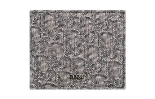 DIOR Jacquard Fabric Cow Leather Wallet Men's Gray