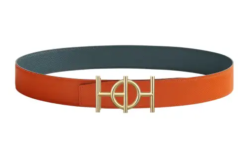 HERMES Ulysse Epsom Calfskin Double Sided Leather Belt Leather Belts Men's Orange Width 3.8cm