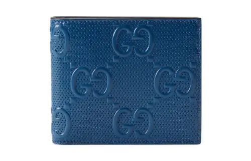GUCCI GG Embossed Leather Card Holder Wallet Men's Blue