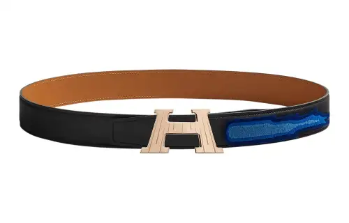 HERMES Cow Leather Belts Men's Black Width 3.2cm