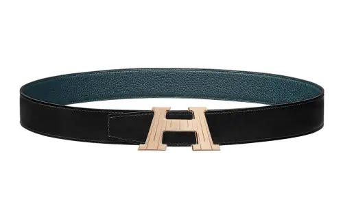 HERMES Togo Cow Leather Belts Men's Black/Blue Width 3.2cm