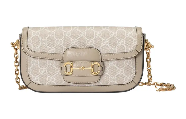 GUCCI Horsebit 1955 Canvas With Leather Binding Portable Crossbody Bag, Shoulder Bag Women's Beige & White