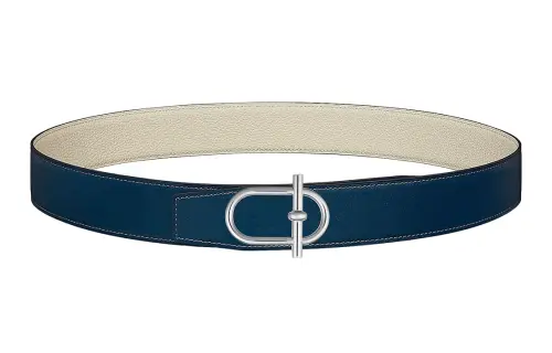 HERMES Ithaque Cow Leather Belts Men's Blue/White Width 3.8cm